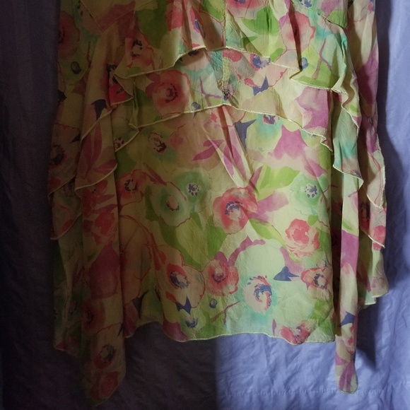 🌞 Floral Ruffle V-Neck Lined Dress in Yellow, Green & Pink Size Medium EUC - Picture 4 of 7